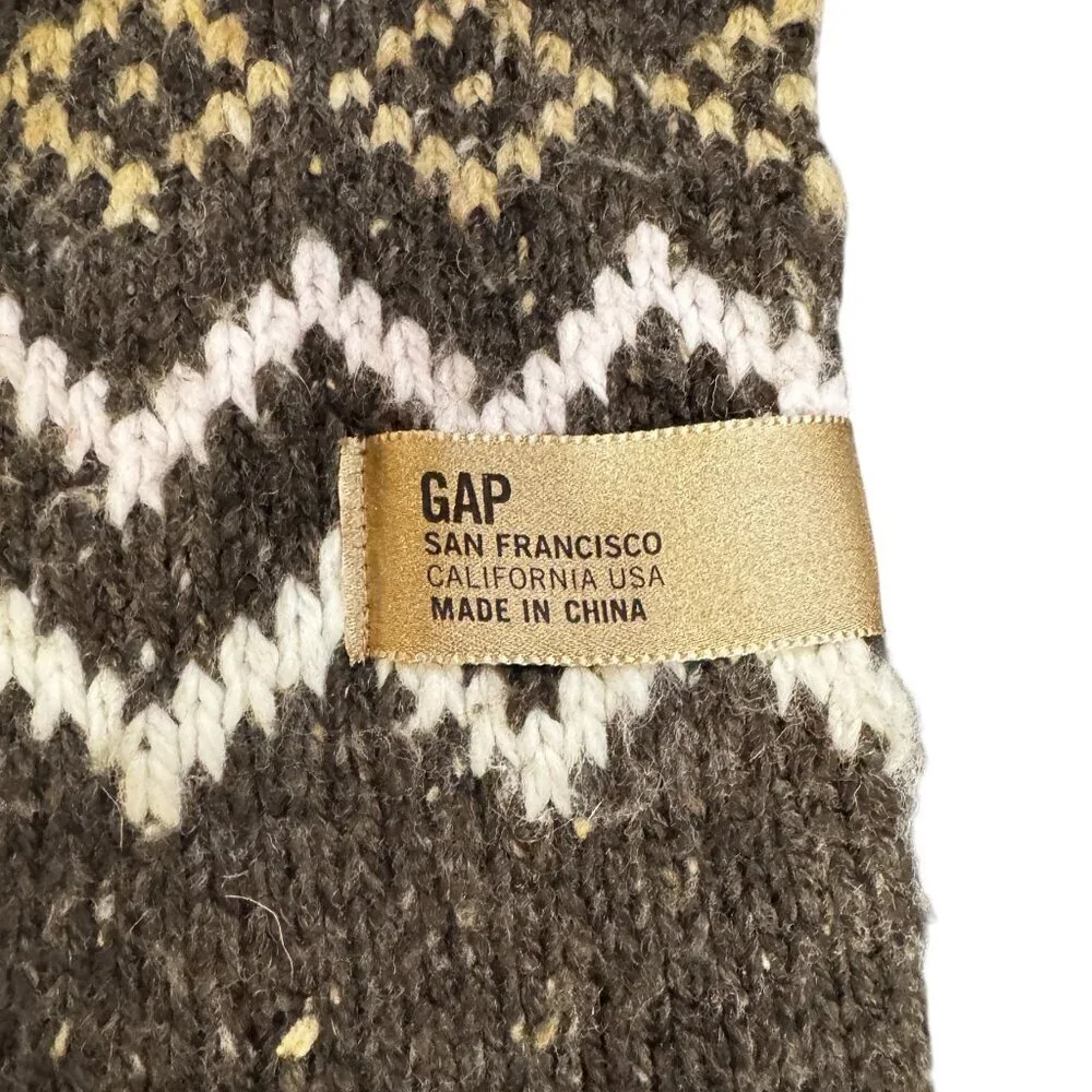 Vintage GAP Wool Blend Knit Scarf – Fair Isle Pattern, Brown & Cream, Long Fring
